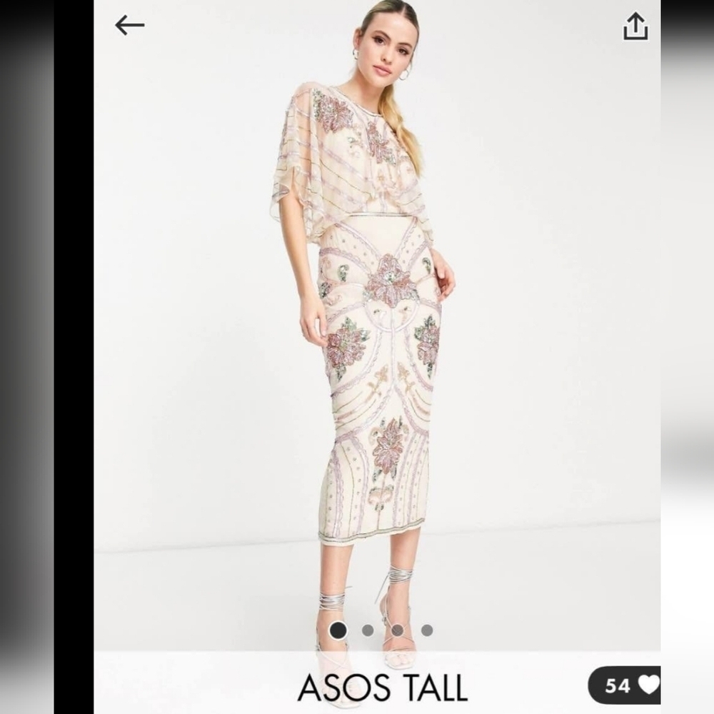 ASOS Tall blouson midi dress with art nouveau embellishment in cream Sz 14 /XL